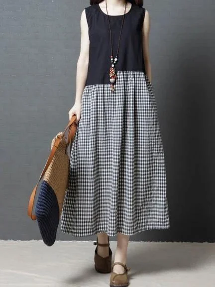 Modern black Plaid cotton linen dresses o neck sleeveless patchwork Maxi Dresses Fashionable Open-Back Maxi Dress Modern black Plaid cotton linen dresses o neck sleeveless patchwork Maxi Dresses Fashionable Open-Back Maxi Dress
