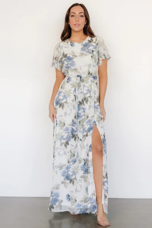 Naomi Short Sleeve Maxi Dress | Dusty Blue Floral Stylish V-Neck Maxi Dress