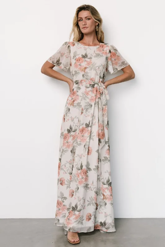 Naomi Short Sleeve Maxi Dress | Ivory + Coral Floral Stylish Long Sleeve Maxi Dress