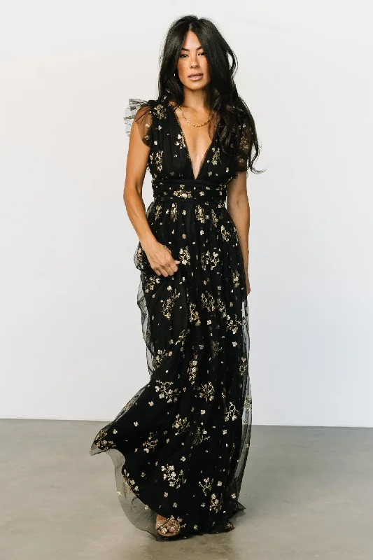 Natalia Floral Embellished Maxi Dress | Black + Gold Stylish One-Shoulder Maxi Dress Natalia Floral Embellished Maxi Dress | Black + Gold Stylish One-Shoulder Maxi Dress