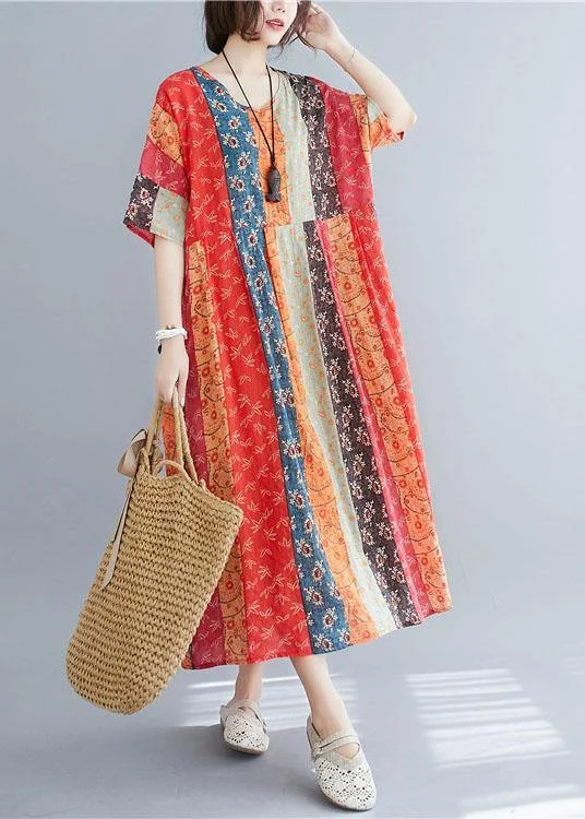 Natural ColorBlock Print O-Neck Summer Maxi Dresses Half Sleeve Fashionable High-Waist Maxi Dress