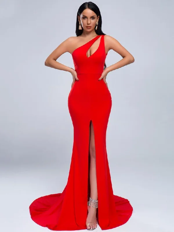 One Shoulder Split Thigh Cut-out Maxi Dress Comfortable Cotton Maxi Dress