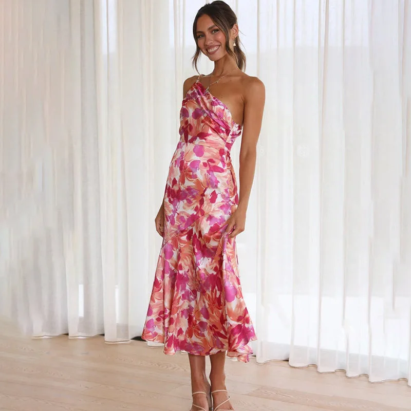 One-Strap Pink Floral Maxi Dress Fashionable Halter Neck Maxi Dress