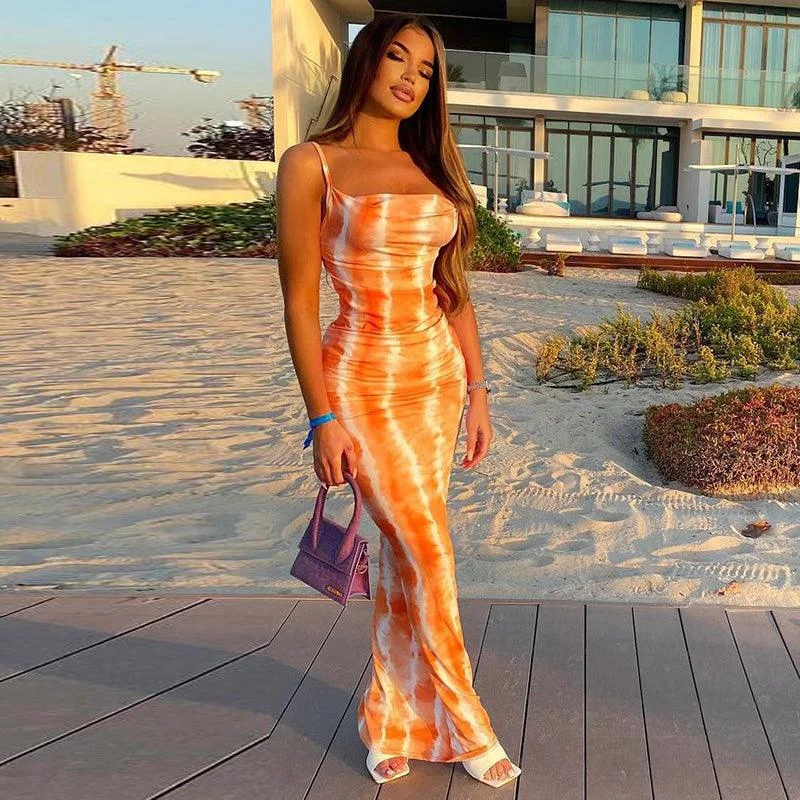 Orange Tie-Dye Bodycon Maxi Dress Stylish Pleated A-Line Maxi Dress