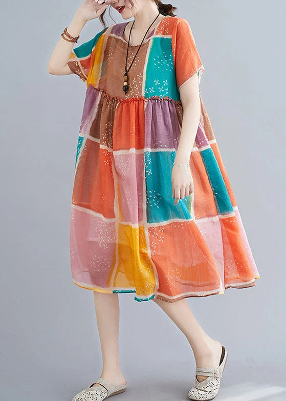 Organic Colorblock Block Print Ruffled Linen Maxi Dress Short Sleeve Chic Button-Up Maxi Dress