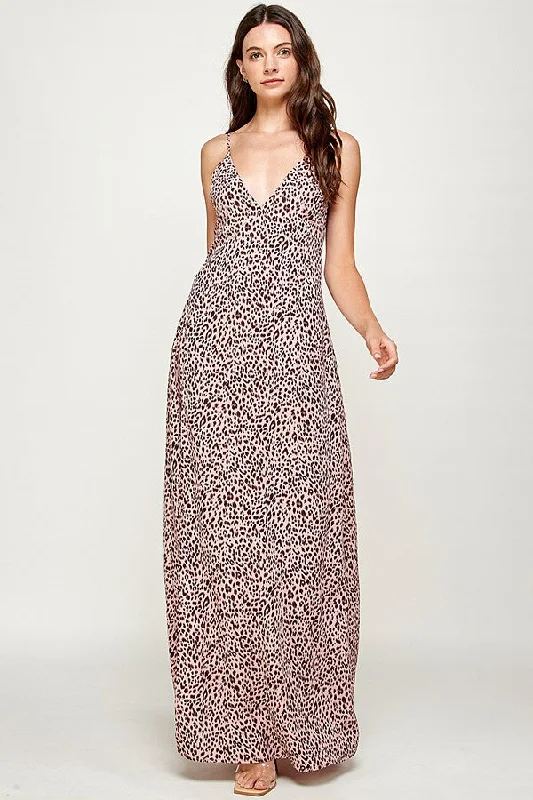 PINK ANIMAL PRINT SILKY SLIP SIDE SLIT MAXI DRESS AMD113 Elegant Maxi Dress with Belt