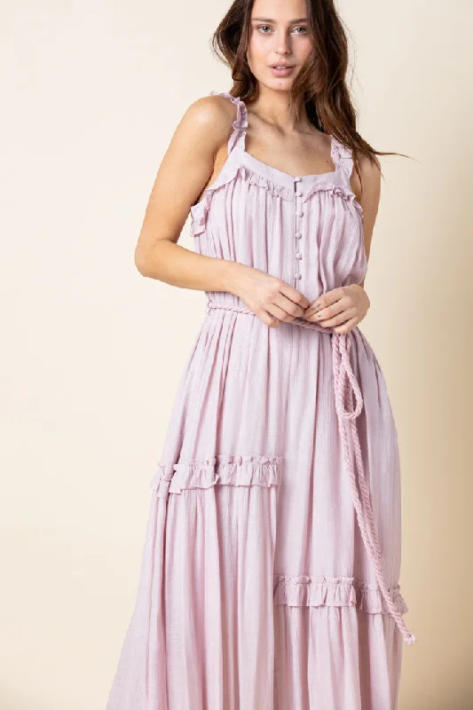 PINK ASYMMETRIC SELF-TIE ROPE BELT RUFFLED MAXI DRESS MDR8420 Stylish Maxi Dress with Frills