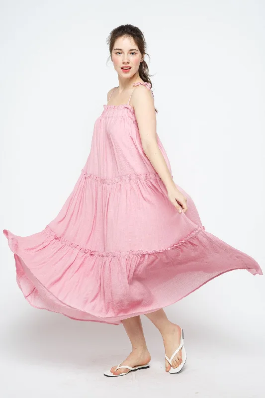 PINK SELF-TIE SPAGHETTI STRAP RUFFLED SWING MAXI DRESS MDR8421 Classic Solid Maxi Dress PINK SELF-TIE SPAGHETTI STRAP RUFFLED SWING MAXI DRESS MDR8421 Classic Solid Maxi Dress