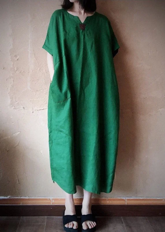 Plus Size Green V Neck Embroideried Pockets Linen Maxi Dresses Short Sleeve Cozy Open-Back Maxi Dress