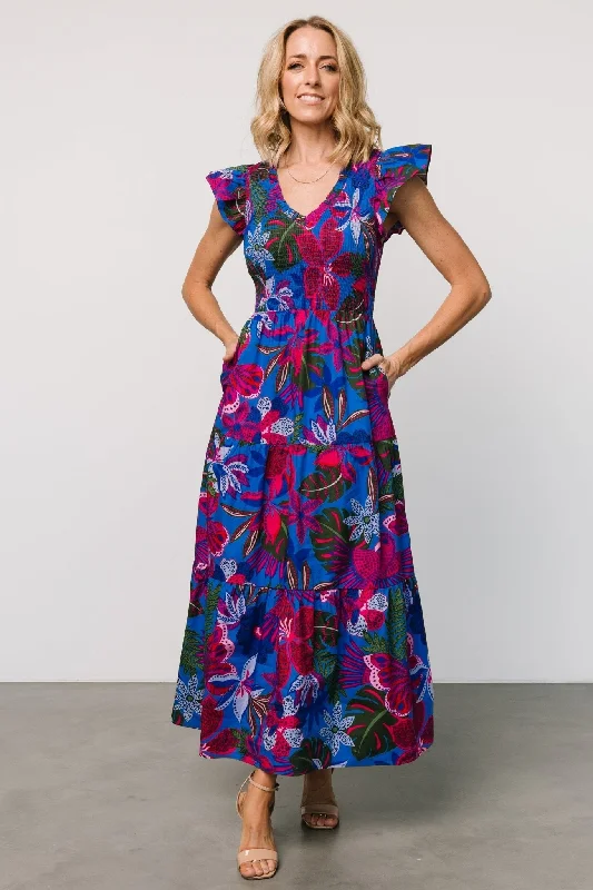 Ranchero Smocked Maxi Dress | Cobalt + Fuchsia Print Trendy Fit-and-Flare Maxi Dress