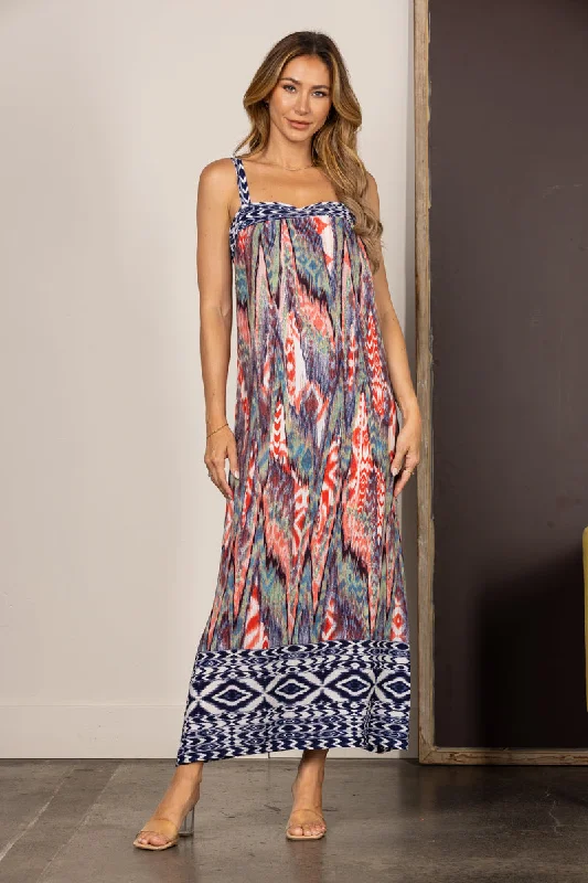 RED AZTEC PRINT SLEEVELESS MAXI DRESS D2972 Comfortable Ruffle Hem Maxi Dress