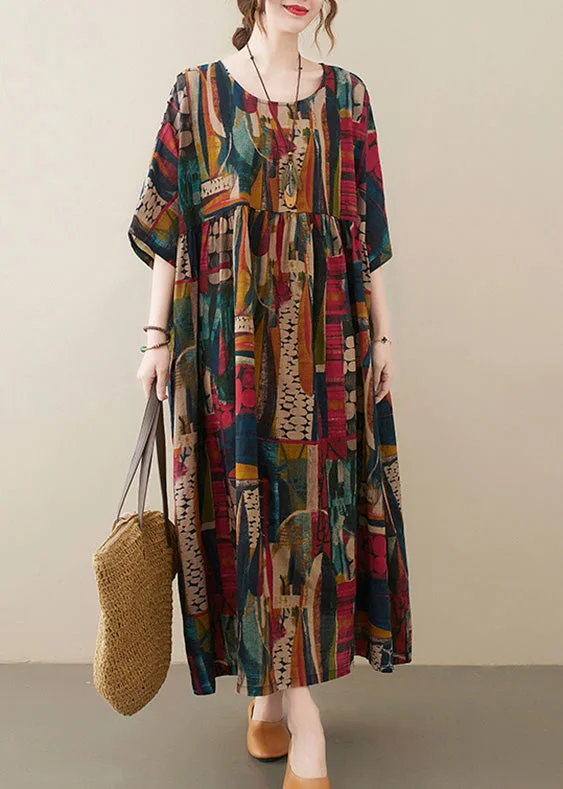 Retro O-Neck Print Party Maxi Dress Half Sleeve Fashionable Sheer Maxi Dress