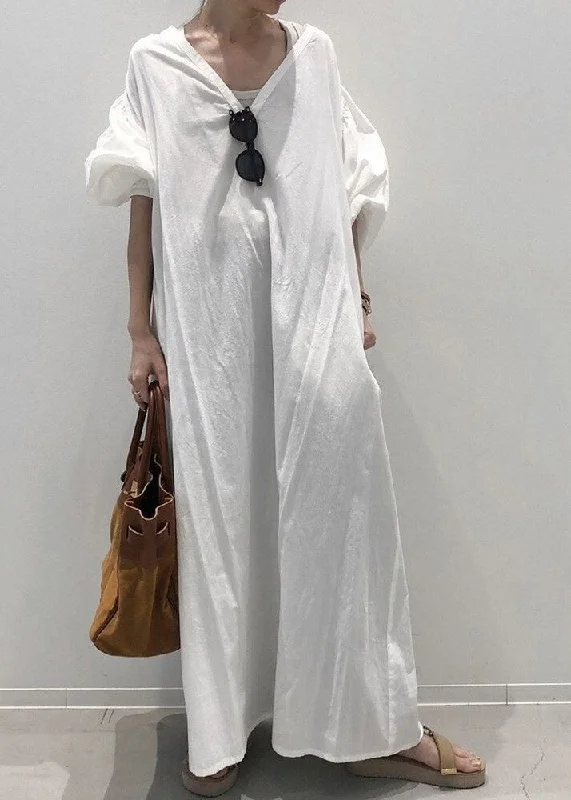 Retro White V Neck Solid Cozy Cotton Maxi Dress Long Sleeve Chic Summer Maxi Dress