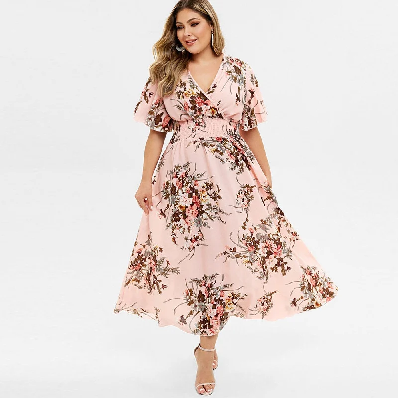 Rosegal Plus Size Women Floral Print Bohemian Maxi Dress V-Neck Half Sleeves A-Line Dress High Wasit Bohemian Holiday Dress Comfortable T-Shirt Maxi Dress