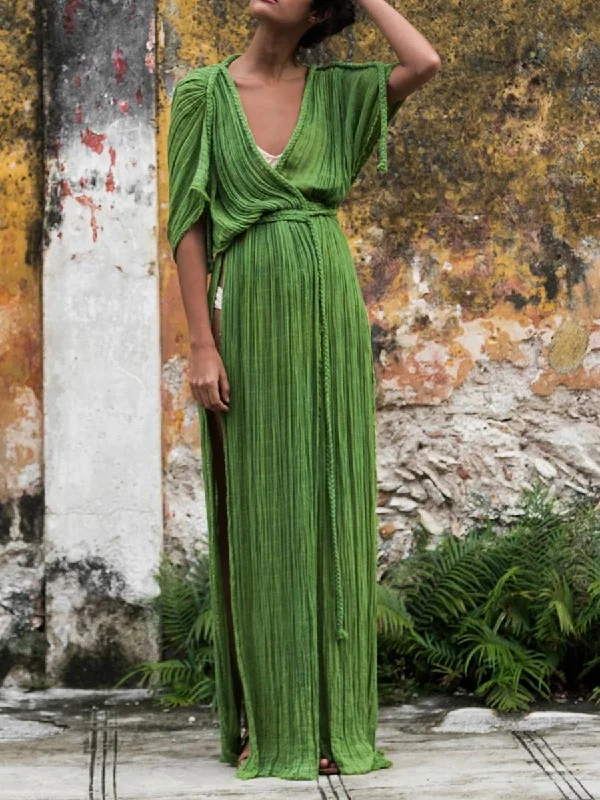 Sexy Deep V-Neck Bat Sleeve Vintage Maxi Dress Comfortable Cotton Maxi Dress