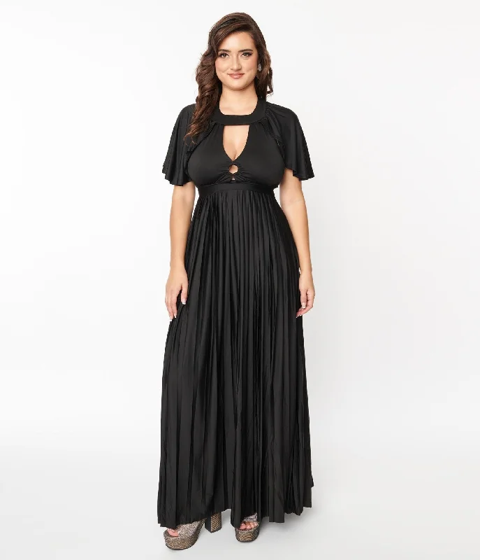 Smak Parlour 1970s Black Pleated Cape Maxi Dress Trendy Off-Shoulder Ruffle Maxi Dress