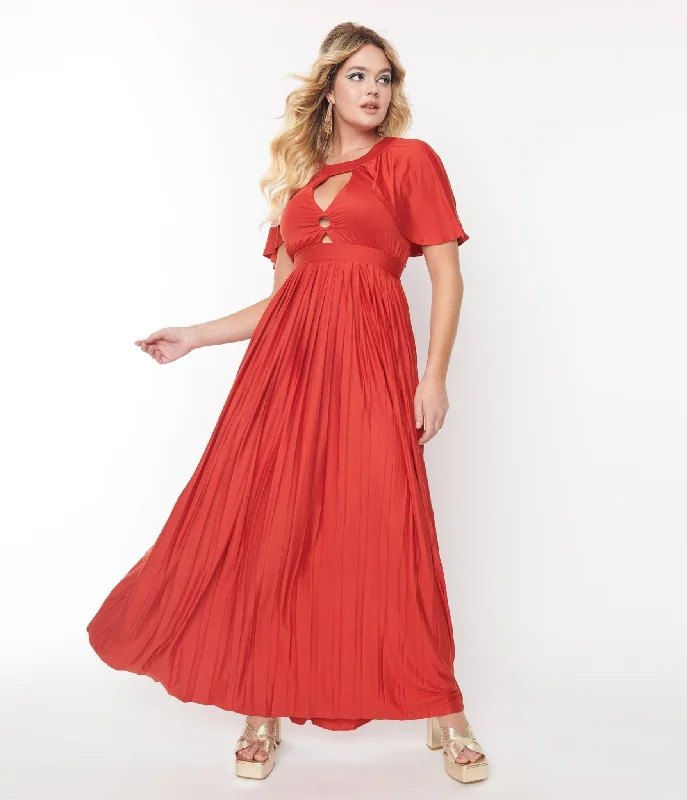 Smak Parlour 1970s Rust Red Pleated Cape Maxi Dress Elegant Wraparound Maxi Dress