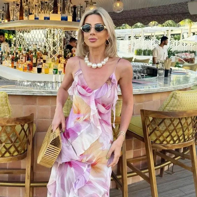 Spaghetti Strap Ruffle Floral Maxi Dress Trendy Floral Print Maxi Dress
