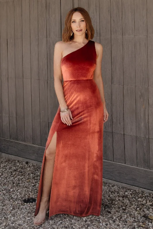 Tatiana Velvet One Shoulder Maxi Dress | Cinnamon Trendy Printed Maxi Dress