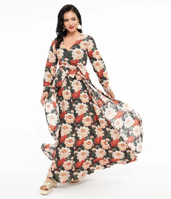 Unique Vintage 1970s White & Red Floral Farrah Maxi Dress Cozy Longline Maxi Dress