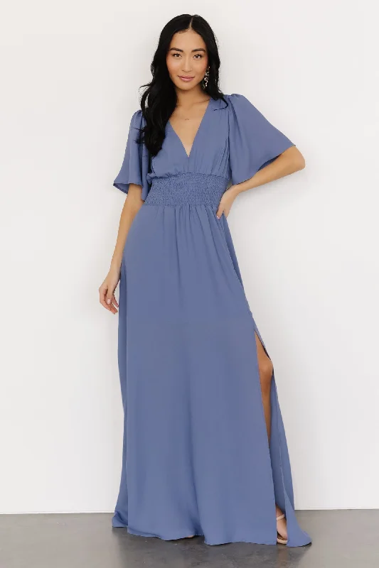 Verona Smocked Maxi Dress | Blue Fashionable Open-Back Maxi Dress