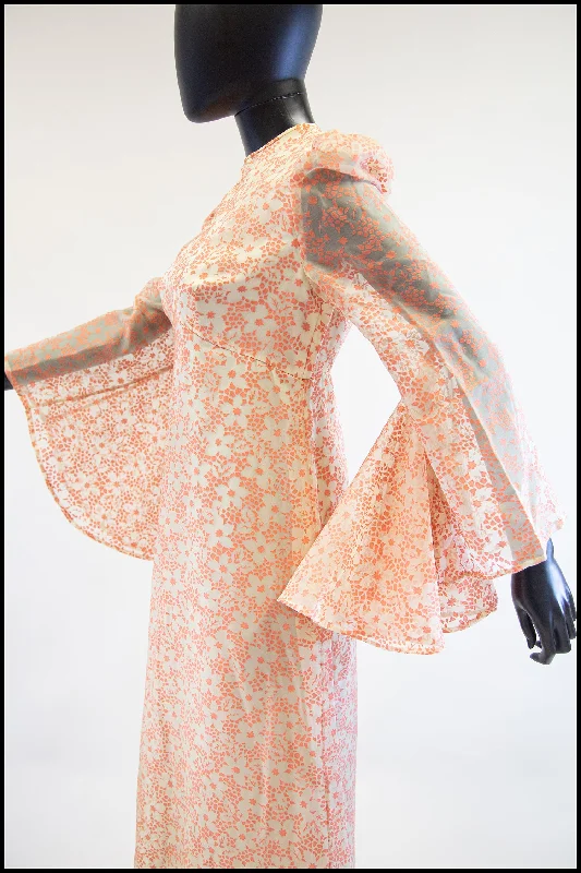 Vintage 1970s Peach Devore Maxi Dress Trendy Button Front Maxi Dress