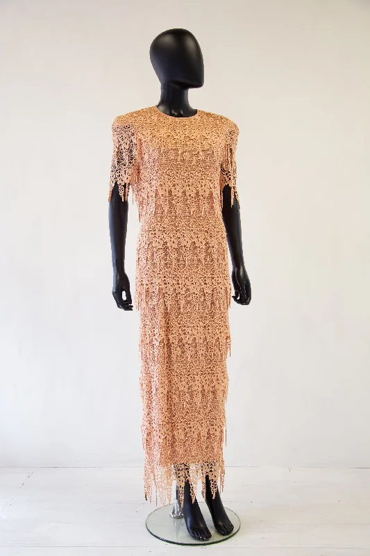 Vintage 1980s Peach Guipure Lace Tiered Maxi Dress Chic Button-Up Maxi Dress