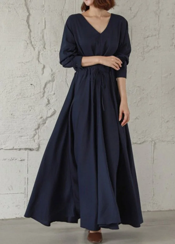 Vintage Navy Cinched V Neck Cinched Cotton Maxi Dresses Fall Elegant Pleated Maxi Dress Vintage Navy Cinched V Neck Cinched Cotton Maxi Dresses Fall Elegant Pleated Maxi Dress
