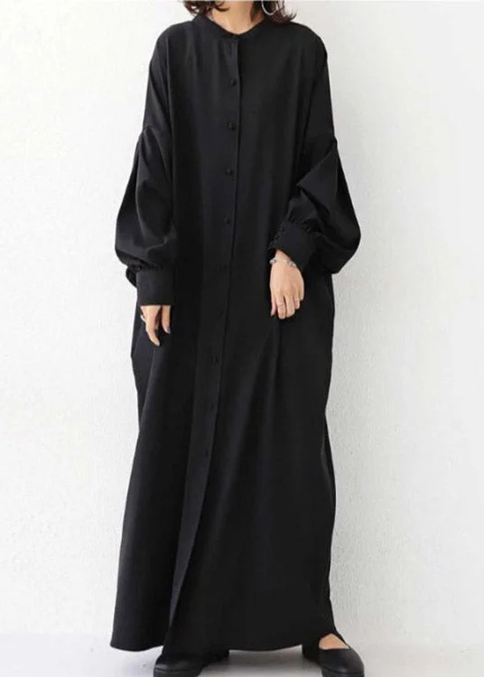 Vogue Black O-Neck Button Maxi Dress Long Sleeve Comfortable Ruffle Maxi Dress