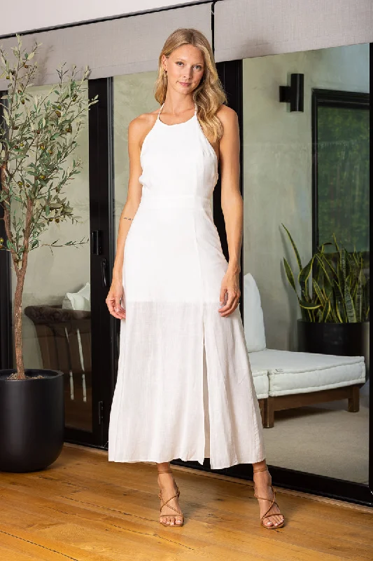 WHITE HALTER NECK OPEN BACK LINEN MAXI DRESS M10501W Cozy Wrap Maxi Dress