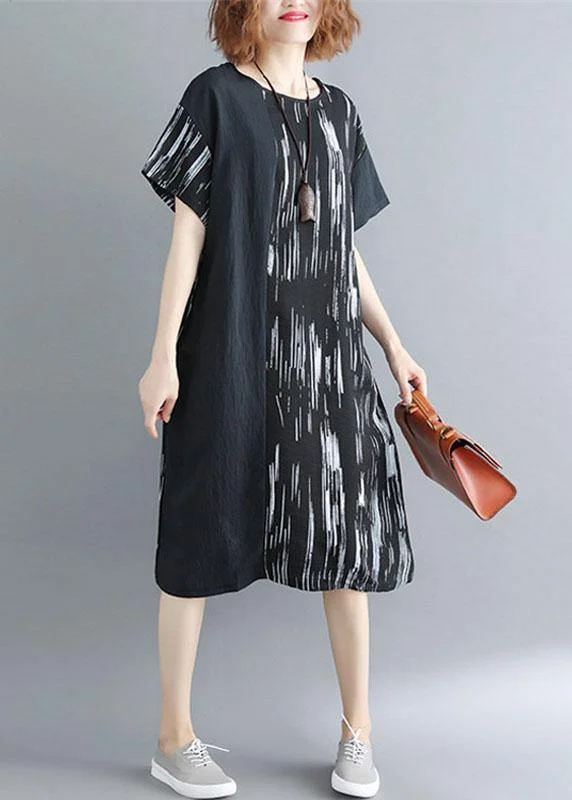 Women Black Patchwork Striped O Neck Cotton Maxi Dresses Cozy Wrap Maxi Dress