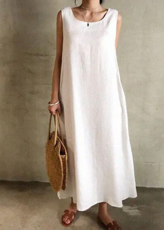 Women White O Neck Patchwork Cotton Maxi Dress Sleeveless Trendy Floral Print Maxi Dress