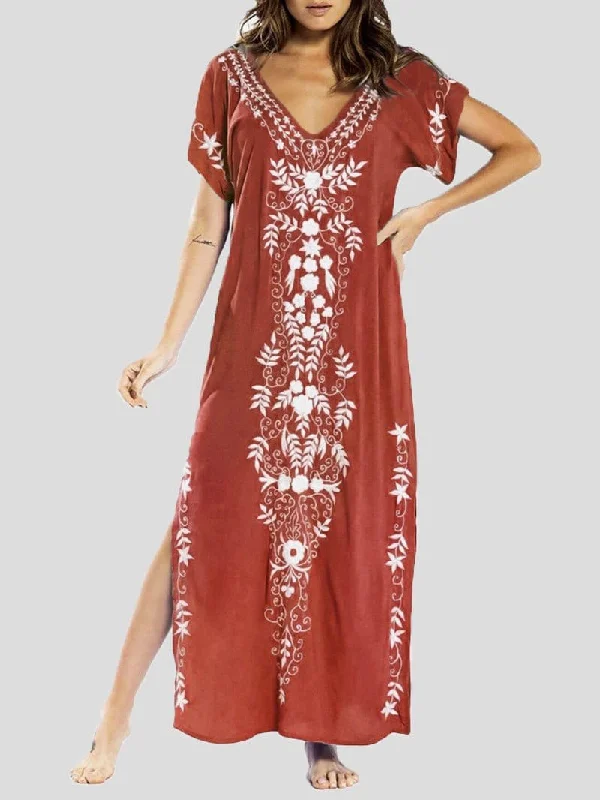 Vintage Print V-Neck Maxi Dress with Slit Elegant Wraparound Maxi Dress