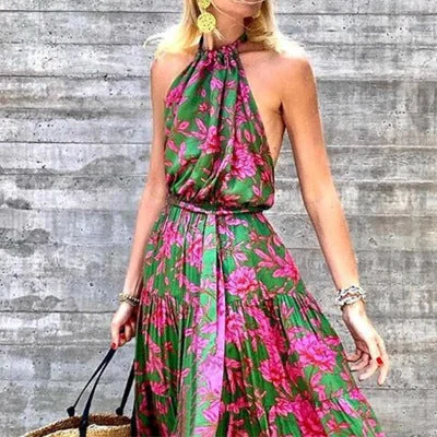 Women's Halter Neck Backless Print Panel Maxi Dress Cozy Cold-Shoulder Maxi Dress