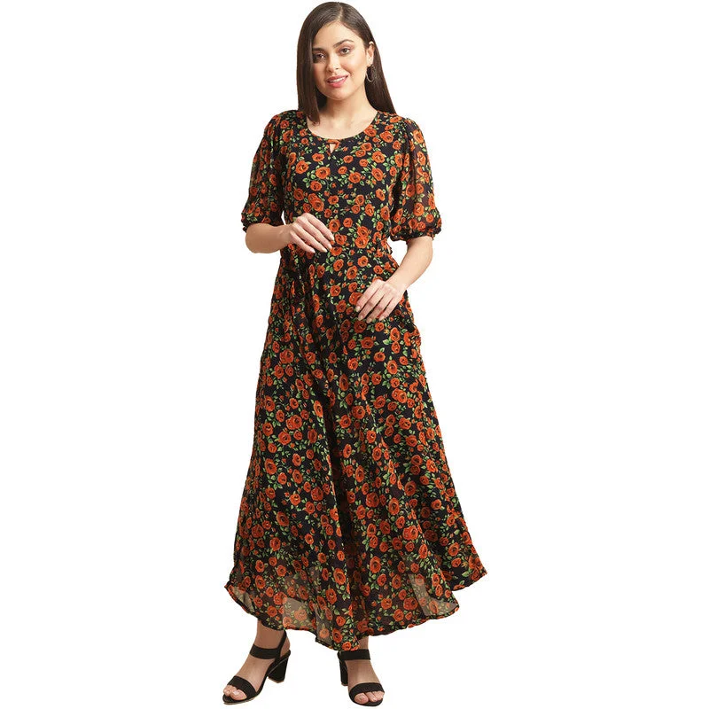 Women's Printed A-line Black Maxi Dress for Women _33 Trendy Maxi Dress with Lace