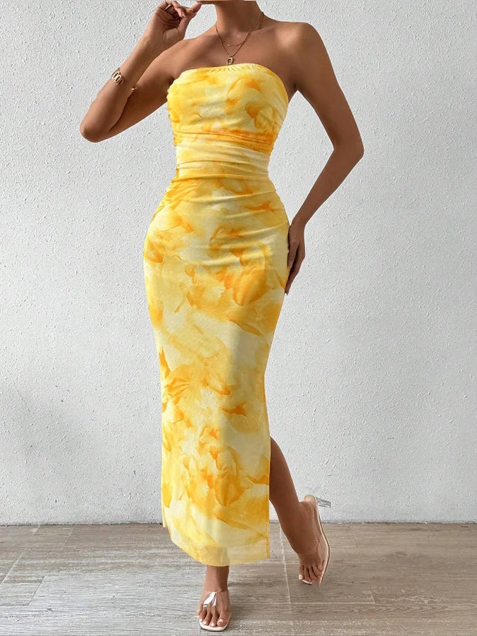 Yellow Marble Strapless Maxi Dress Comfortable Plunging Neckline Maxi Dress