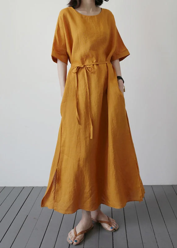 Yellow Side Open Solid Holiday Maxi Dress Short Sleeve Comfortable Fit-and-Flare Maxi Dress