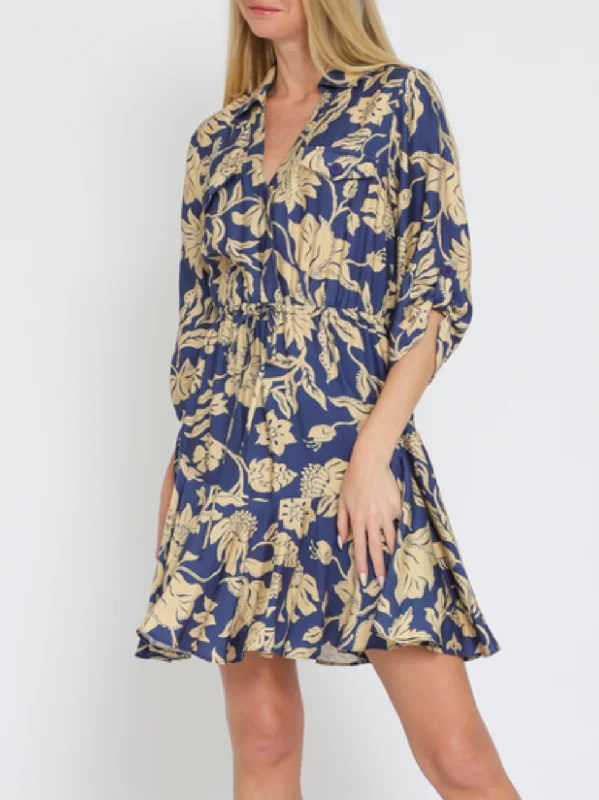 3/4 Roll-Up Sleeve Button-Down Tie Golden Floral Mini Dress Stylish Short-Sleeve Mini Dress