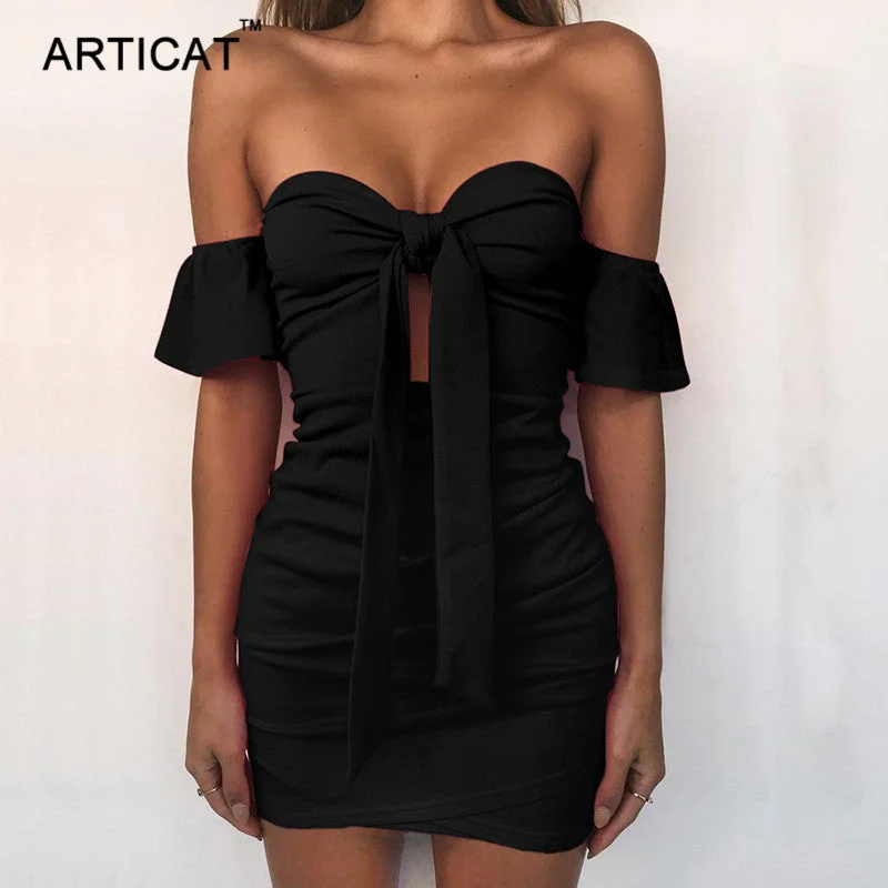 Off Shoulder Strapless Sexy Ruched Summer Dress Women Bow Knot Backless Mini Dress Short Sleeve Bodycon Bandage Dresses Stylish Ruffle Mini Dress