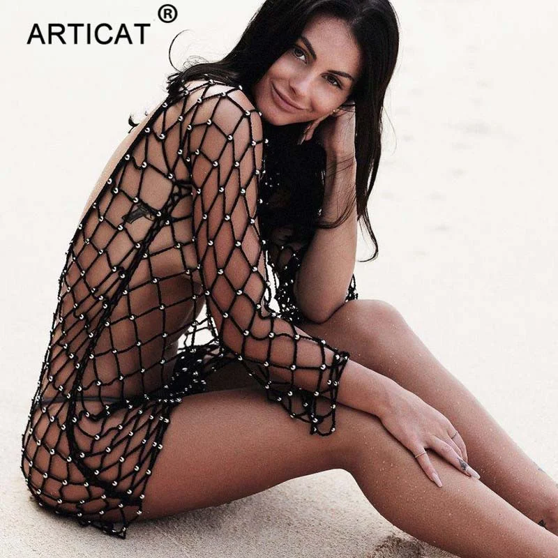 Sexy Hollow Out Summer Dress Women Black Beads Crochet Backless See Through Mini Dress Casual Party Beach Dress Vestidos Cozy Cotton Mini Dress