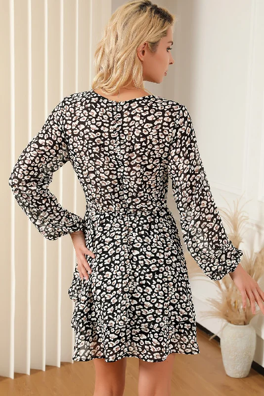 Black and White Leopard Print V Neck Mini Dress Cozy Jersey Mini Dress