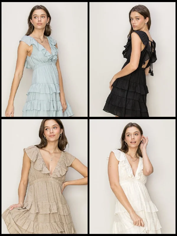 D-OPEN BACK TIERED MINI DRESS - ASSORTED COLORS Cozy Ruched Mini Dress