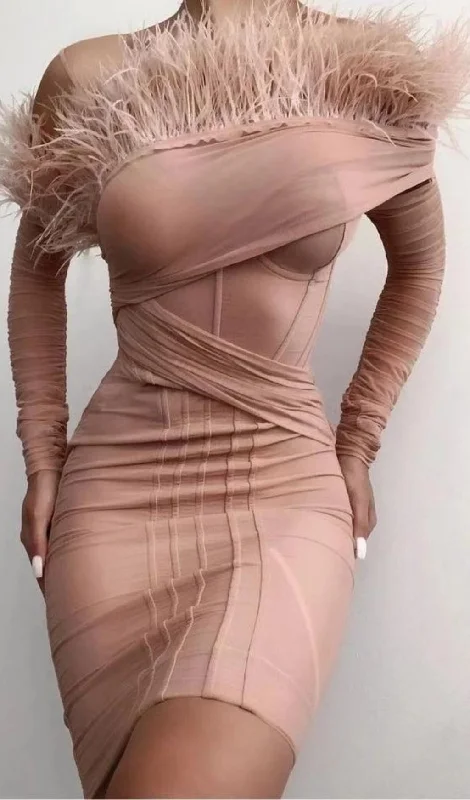 FEATHER LONG SLEEVE BANDAGE MINI DRESS IN BLUSH PINK Cozy Sweater Mini Dress