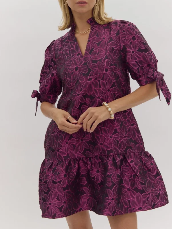 Floral Jacquard Short Sleeve V-Neck Mini Dress Elegant Mini Dress with Ruffles