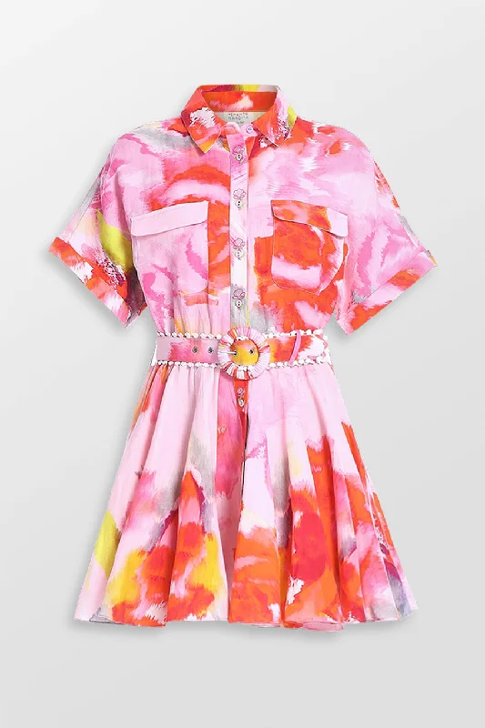 Floral Mini Dress With Buckle Belt Chic Halter Mini Dress