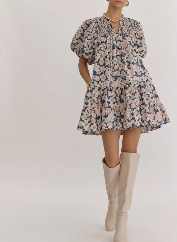 Floral Print V-Neck Bubble Sleeve Mini Dress Classic Floral Print Mini Dress
