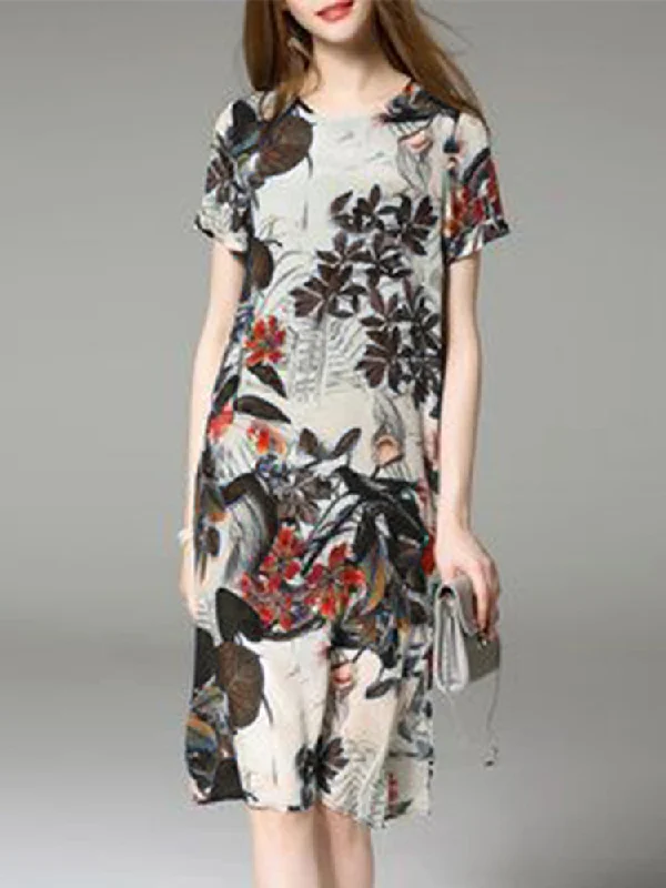 Floral Short Sleeve O-neck Split Mini Dress Classic Solid Mini Dress