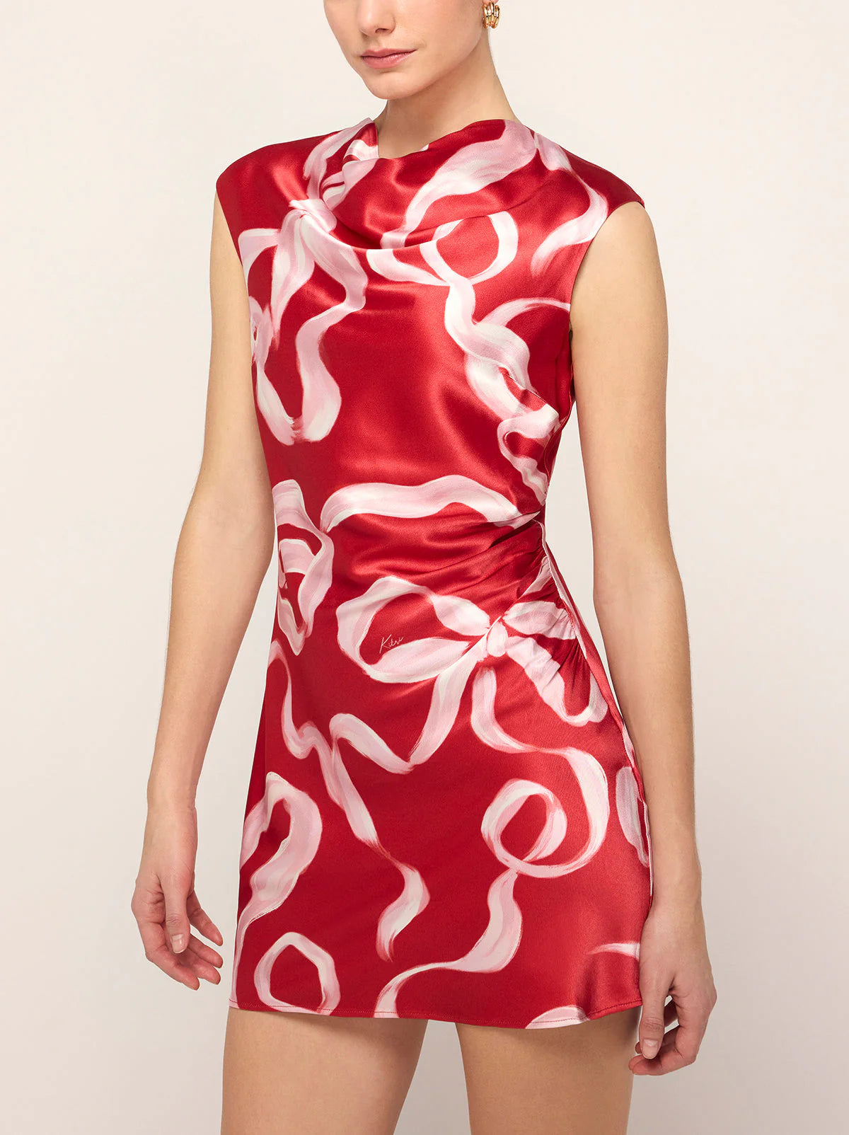 Kitri Hessa Red Ribbon Print Mini Dress Comfortable Wrap Mini Dress