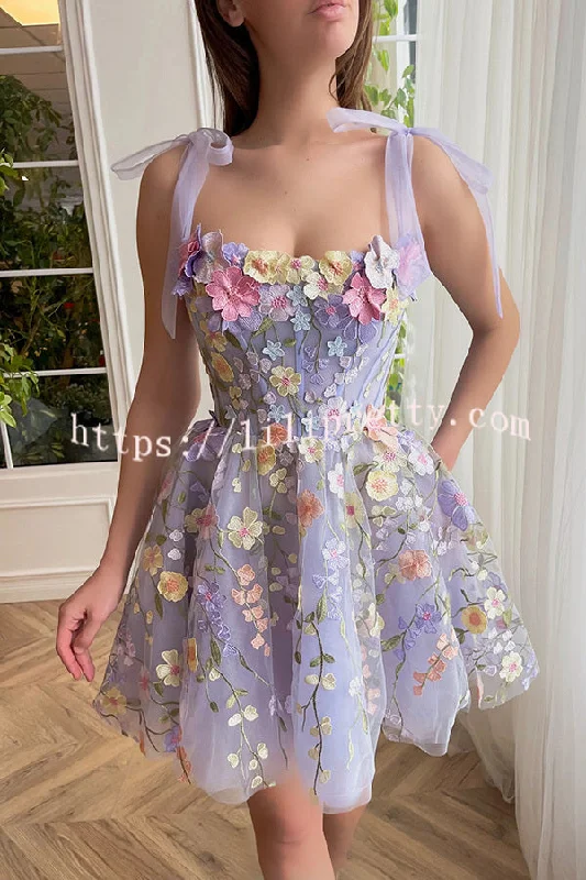 Lilipretty® Lavender Floral Lace Up High Waisted Back Zip Mini Dress Elegant Off-Shoulder Dress Mini