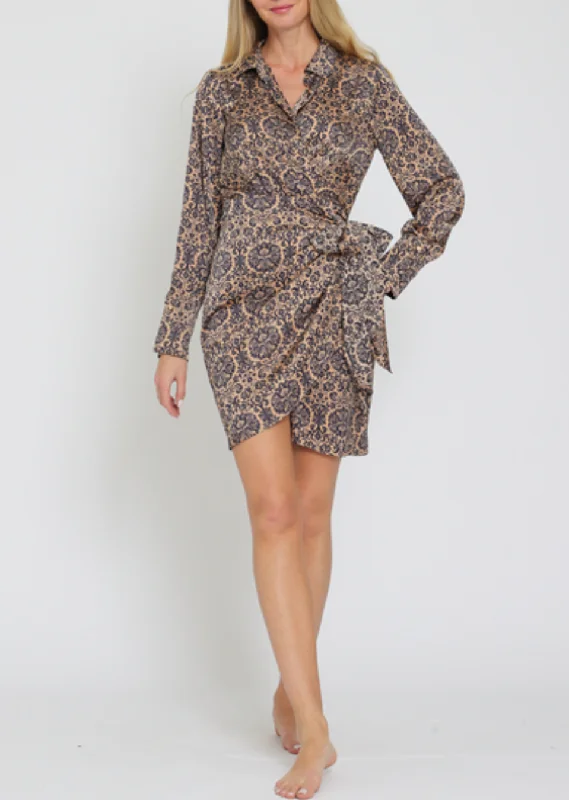 Long Sleeve Button Down Front Wrap Mini Dress Comfortable Ruffle Mini Dress